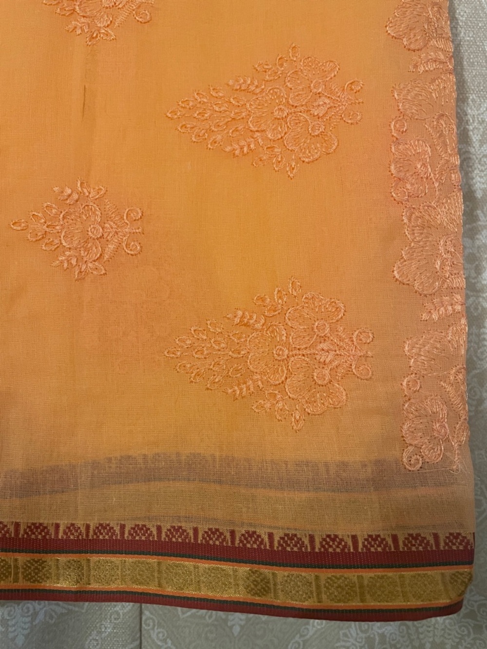 Peach Orange Cotton Saree silk trim - Picture 3 of 6